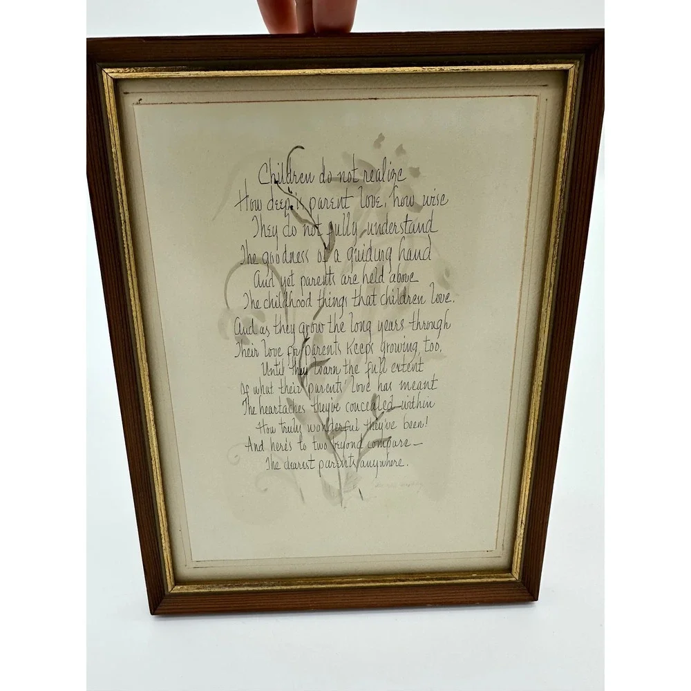 Framed Calligraphy Poem‎ Wall Art Parents Gift Vintage Wood Gold Frame Brown S